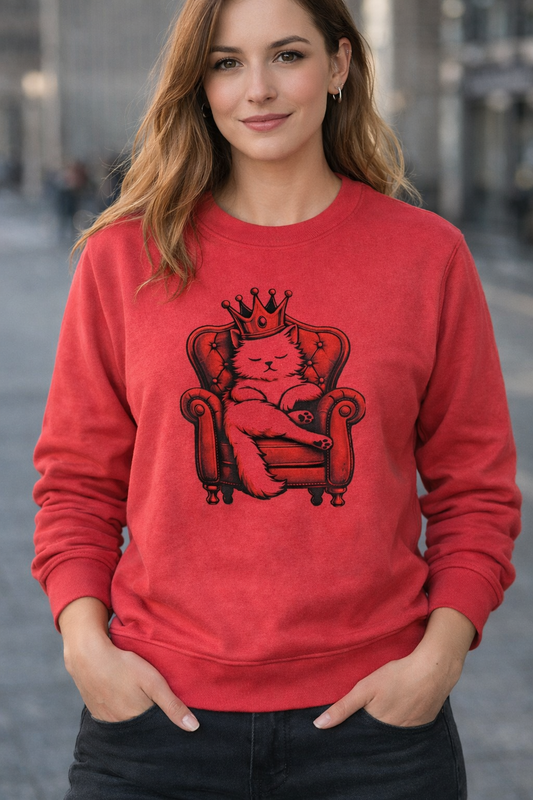 Unisex Baumwoll Sweatshirt Rot – Königliche Katze im Sessel | Original Design von Jojolyn